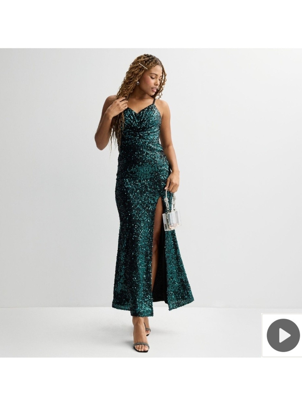 Emerald Sequin Spaghetti-Strap Evening Gown